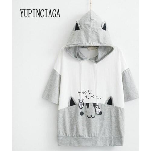 YUPINCIAGA New Stitching T-Shirt Cartoon Cat Fish Hooded Short-Sleeved Female Students Cute With Horns Harajuku Girls Funny Tee
