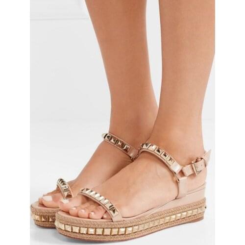 Moraima Snc Gold Rivets Studded Woman Sandals Summer Open Toe Platform Wedge Shoes Nude Leather Ankle Strap Cutouts Dress Heels