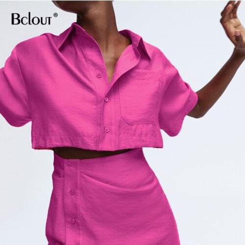 Bclout Pink Hollow Out Mini Shirt Dress Office Lady Summer Turn Down Collar Single Breasted Short Sleeve Slim Dresses Women 2021