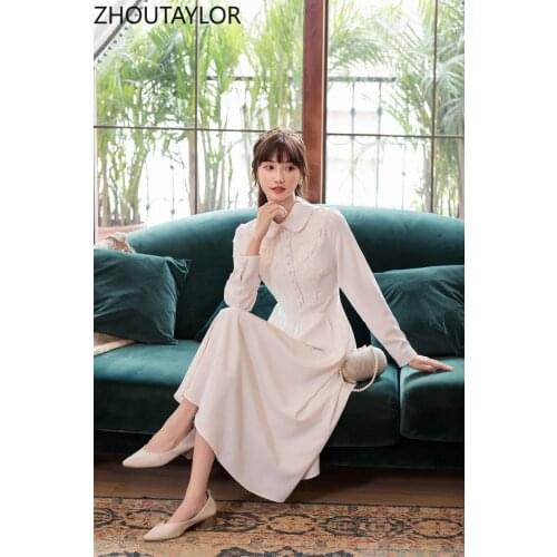 ZHOUTAYLOR Woman Dress Autumn New V-Neck High Waisted Dresses Femme A-LINE Casual Full Sleeve Mid-Calf Button Vestidos Female