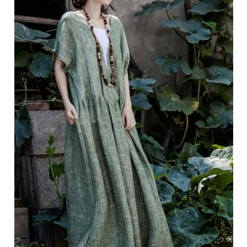 2020 Vintage Summer Autumn Women Deep V Neck Dress Femme Casual Cotton Linen Loose Maxi Hem Long Solid Party Work Kaftan Dress