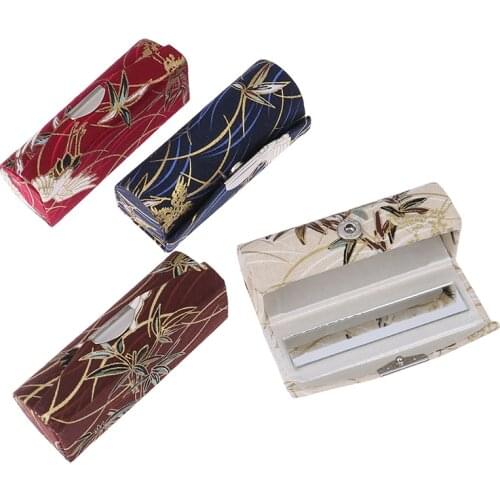 1PCS Retro Lipstick Case Satin Embroidered Lipstick Case Holder Box With Mirror
