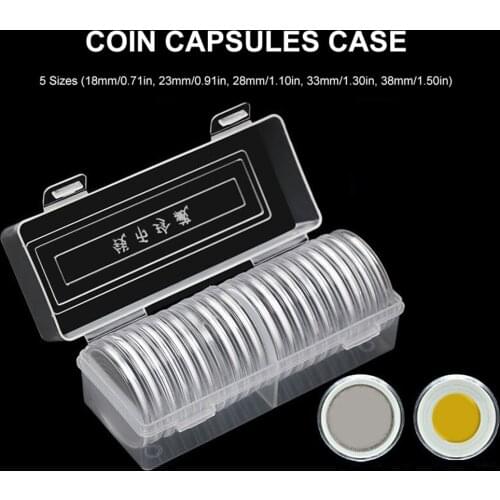 20 Coin Capsules With 5 Sizes Protect Gasket And 1 Plastic Storage Box For 18mm/23mm/28mm/33mm/38mm Coins Collection