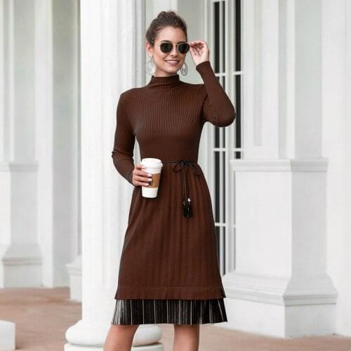 2020 Casual Patchwork Pullover Sweater Woman Dress Female Autumn Lace Up Knee-length Knitted Sweaters Dresses Women Vestidos
