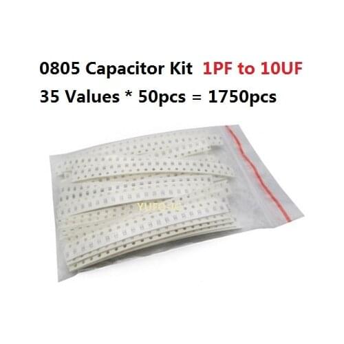 35 Values*50pcs=1750pcs SMD 0805 Capacitor kit 1PF-10UF Assorted kit set 4.7PF 22PF 47PF 102 222 472 682 103 223 104 334 105 106