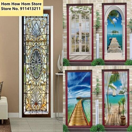 3D Door Sticker For Kitchen Bedroom Decorating Sliding Glass Door Poster Home Design Seascape Wallpaper Decor Mural Wall Decals