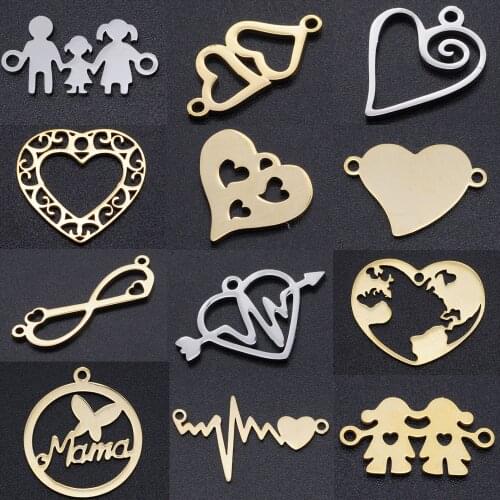 5pcs/lot Heart DIY Charms Wholesale 100% Stainless Steel Hearts Connectors Charm Family Jewelry Pendant