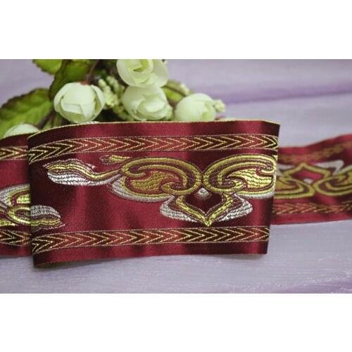 5yards/lots satin Woven Jacquard Ribbon 5.9cm red background gold Geometric pattern LS-4093