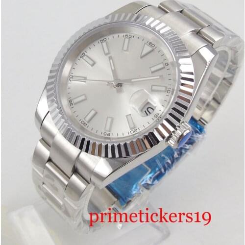 Bliger 36mm New Silver Dial Fluted Bezel MIYOTA 8215 Automatic Mens Watch Sapphire Glass Luminous Oyster Bracelet