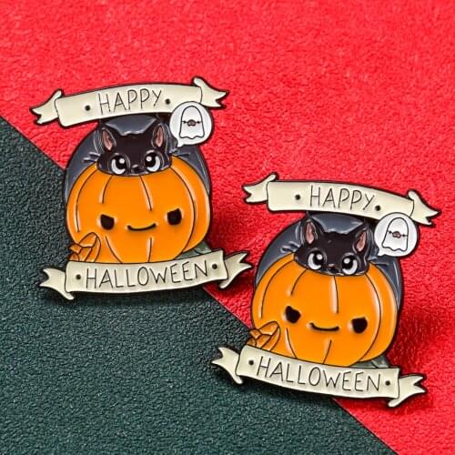 Happy Halloween Enamel Pin Pumpkin Cat Brooches Backpack Clothe Lapel Pin Punk Funny Badge Jewelry Gift Kids Friend DIY Decorate