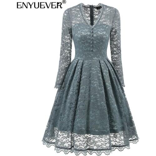 Enyuever Elegant Lace Dress Women Spring Clothing High Waist V Neck Long Sleeve Robe Pin Up Swing Evening Party Dress Vestidos