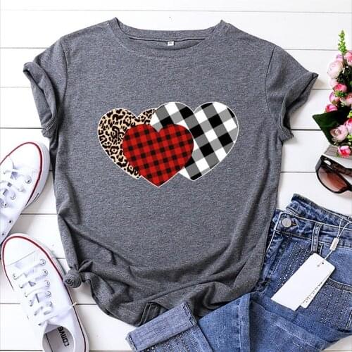 Summer Women T Shirt Cotton Plus Size 5XL Cute Plaid Heart Print Graphic Tees Tops Short Sleeve O-Neck Casual Woman Tshirts