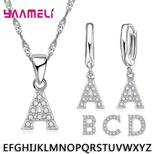 Femme 26 Letters Pendant Necklace for Women Alphabet Pendants A-Z Charm 925 Silver Necklaces Hoop Earrings Jewelry Sets