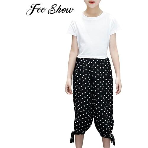 New Summer Girls Clothes Set Fashion Solid Color Short Sleeves T-shirt Tops + Dot Long Pants 2Pcs Teens Kids Outfits Casual Wear