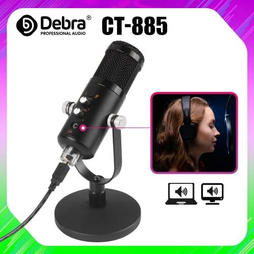 Condenser Microphone CT-885 With USB Interface ,Have Monitor,Reverberation,Mute Functions,For Live broadcast, Recording,singing