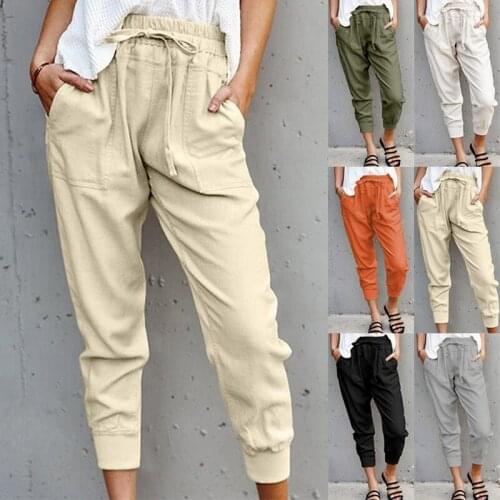 Summer new style cotton and linen solid color simple lace casual pants womens solid color slim slimming nine-point pants 2021