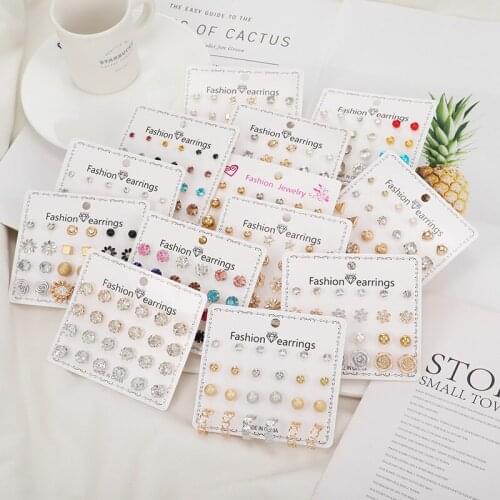 Fashion Paper Card Zircon Earrings All-match 12 Pairs of Pearl Flower Bow Earrings Womens Essential Jewelry Gifts First Choice