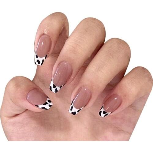 24 Pcs False Nails Hit Milk Leopard Fake Nails French Tips Detachable Nail Tips Press on Nails Coffin Nails with Jelly Stickers