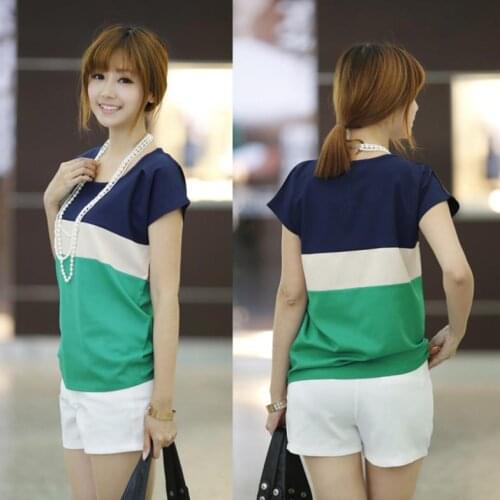 Jlong 2018 New Korean Girl Lady Crew Neck Batwing Sleeve Stripped T-shirt Spell Color Chiffon Loose Tops z1