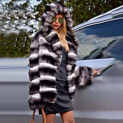 2021 New Women Winter Long Genuine Rabbit Fur Overcoats High Quality Elegant Chinchilla Color Hooded Natural Real Fur Outwear