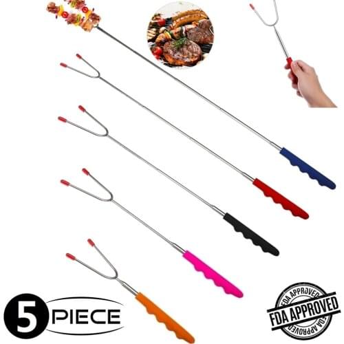 Marshmallow Roasting Sticks,5sets Barbeque BBQ Skewers,45inch Extended Smores Hot Dog Fork with Silicone Handle for Campfire Pit