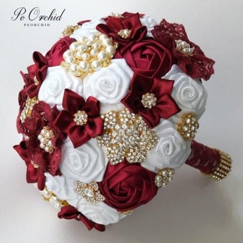 PEORCHID Crystal Burgundy Wedding Brooch Bouquet For Bride Holding Flowers Satin Roses Custom Gold Brooches Bridal Bouquet