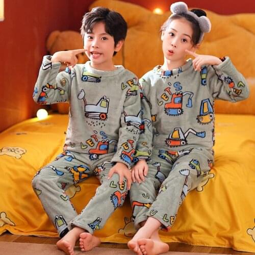 Excavator Cartoon Pajama Sets for Children Girl Flannel Sleepwear Kids Boys Winter Pyjamas Autumn Babys Soft Warm Nightwear Set