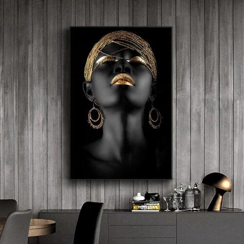 African Woman Poster Black Gold Modern Canvas Painting Nordic Posters and Prints Wall Art Pictures for Living room Home Decor