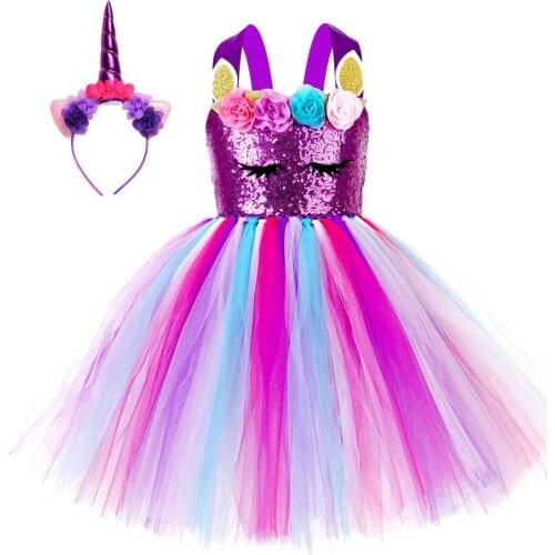 Unicorn Princess Sequin Dress Newborn Baby Girls Fluffy Rainbow Tutu Dress with Headband Kid Birthday Party Cake Smash Outfits