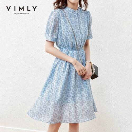 VIMLY Elegant Summer Dresses For Women Fashion Floral Print Buttons Dress High Waist Elastic Short Sleeve Dresses Female F7563