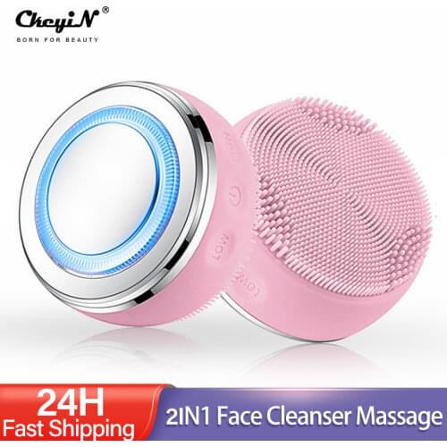 2in1 LED Light Silicone Heating Face Cleanser Massage Facial Cleaning Skin Scrub Washing Brush Skin Care Cleaner Massager P46
