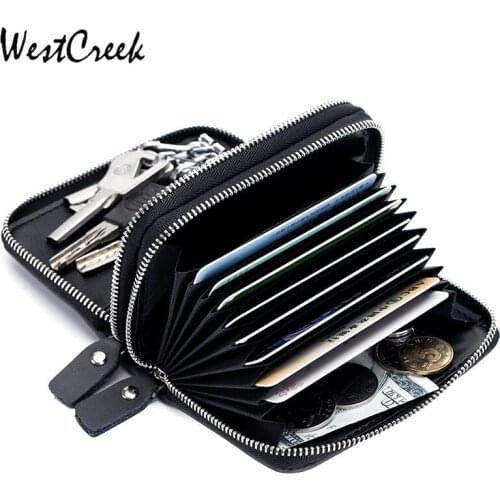 WESTCREEK Brand Multifunction Double Zipper RFID Blocking Card Holder Vintage Leather Key Holders with 12 Cards Slot