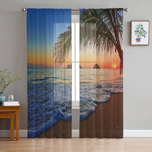 Sunset Beach Coconut Tree Sheer Curtains for Living Room Bedroom Kitchen Tulle for Windows Voile Yarn Curtains for Bedroom