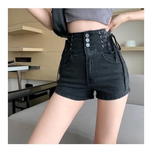2021 new summer high waist tethered denim shorts with hollow back stretch hot pants high waisted jeans shorts women sexy jeans