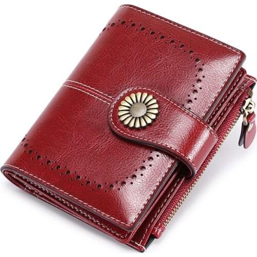 Wallets for Women Genuine Leather Short Wallet Women Hasp Luxury Zipper Coin Purses Wine Red Card Holder Female Purse