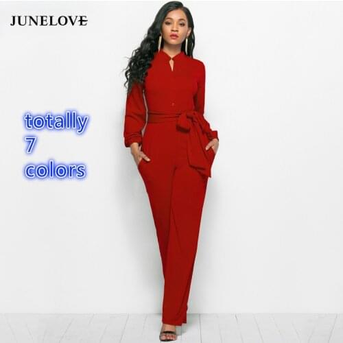 JuneLove Women With Sashes Ladies Summer Long Sleeve Jumpsuits Formal Jumpsuit Elegant Sexy Wide Leg Pants Jumpsuit Overalls