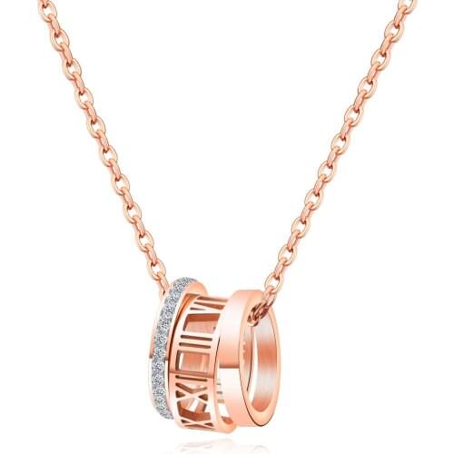 Women Necklace Pendant Circle Roman Numerals Zircon Stainless Steel Rose Gold Color Lady Jewelry Party Love Gift