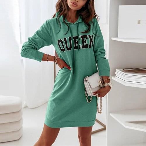 Autumn Womens Fashion Hooded Letter Printing Long-sleeved Sweater Dress Casual Sports Drawstring Dress New O-neck Loose Dresses