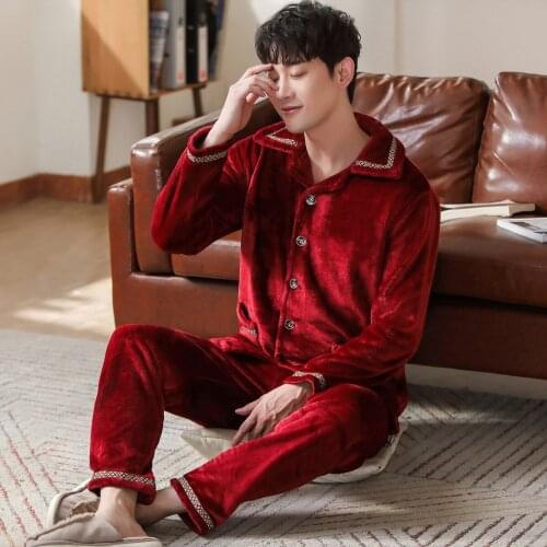 Winter Red Pajamas Unisex Flannel Sleepwear Soft Warm Pyjama Sets Nightgown Mens Pajamas Sets Long Sleeve Men Lounge Pijamas