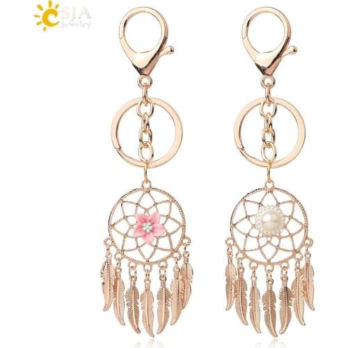 CSJA Rose Gold Color Metal Dream Catcher Keychains Flower Feather Tassel Keyring for Car Bag Wall Hanging Decor Wind Chimes G492