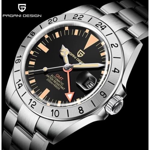 PAGANI DESIGN Top Men GMT Wristwatch Automatic Mechanical Watch Sapphire Stainless Steel Military Waterproof Clock Reloj Hombre