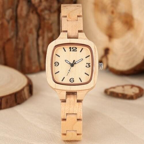 Wooden Watch For Women Minimalist Pure Square Dial Wooden Quartz Watch Female Bamboo Wood Watchband Girls Woody Watch Gifts