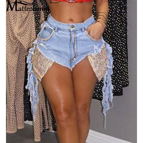 Denim Shorts Summer Women High Waist Short Tassel Washed Sequins Patchwork Jeans Shorts Streetwear Sexy Night Club Party