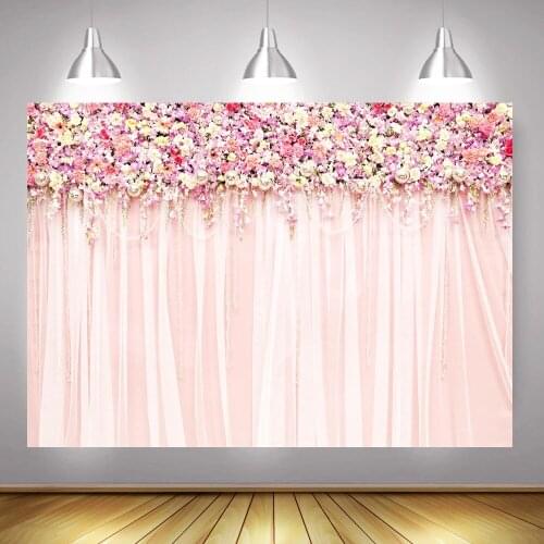 Wedding Photography Backdrop for Photo Studio Bridal Shower Background Pink Floral Curtains Flowers Wall Photocall Boda Props