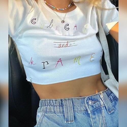 SEASONS Cute Fashion Letter Print White Baby Tees Streetwear Short Sleeve Summer Crop Top Kawaii Outfit Basic T-shirt ASTS82736