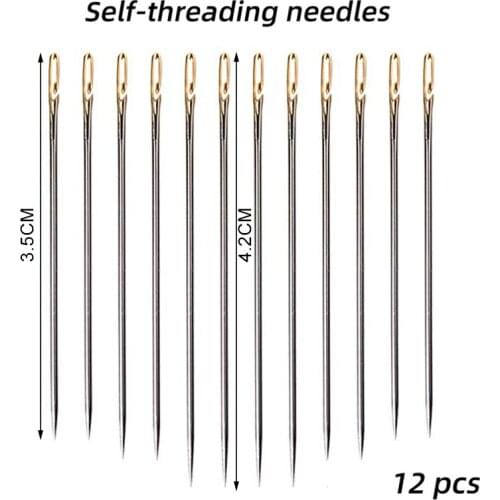 12PCS Self Threading Needles Stainless Steel Self Threading Hand Sewing Needles Easy Thread Large Eye DIY Craft Apparel Sewing