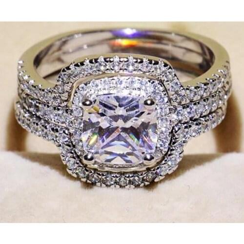 Victoria Wieck Cushion cut 8mm Stone 5A Zircon stone 10KT White Gold Filled Lovers 3-in-1 Engagement Wedding Ring Set
