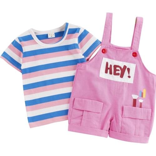Summer Toddler Girls Clothes Set Short Sleeve Striped T-Shirt + Suspender Shorts 2Pcs Outfits Suits Children Clothing Set