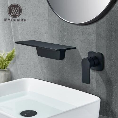 Matte Black Waterfall Bathtub Faucet One Handle In-wall Spout Tub hot & cold water Mixer Tap Handshower Widespread Bathtub Tap