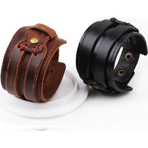 Fashion Wide Black & Brown Genuine Leather Bracelet With Alloy Buckle Adjustable Fashion Men Wrap Bracelets Jewelry